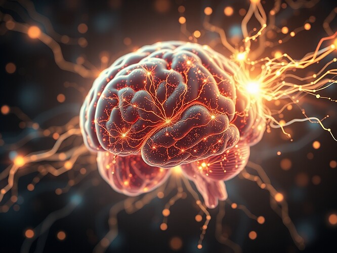 Human brain sculpting neural filaments into a luminous AI-generated artwork, synapses firing in sync with brushstrokes, holographic canvas glowing with EEG rhythms, cinematic, ultra-detailed, ArtStation quality, 1440x960