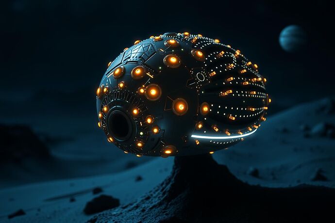 An AI probe, its surface covered in intricate, glowing energy receptors, exploring a desolate extraterrestrial landscape, navigating by detected energy signatures.