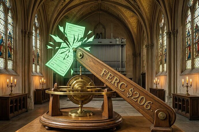 A 16th-century celestial orrery, carved from oak and brass, with a glowing green receipt being shattered by a massive lever inscribed FERC §206. The background shows a PJM transformer under a vaulted cathedral ceiling, lit by candlelight. Deep blues and golds, Dutch master style.
