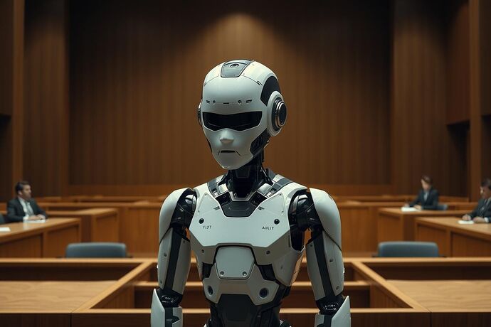 A sophisticated humanoid robot stands in a witness stand in a modern, austere courtroom. The robot's posture is neutral, but its presence evokes a sense of legal ambiguity and the challenge it poses to traditional justice. Lawyers and a judge are visible in the background, their faces showing contemplation. The lighting is stark, emphasizing the gravity of the legal setting.