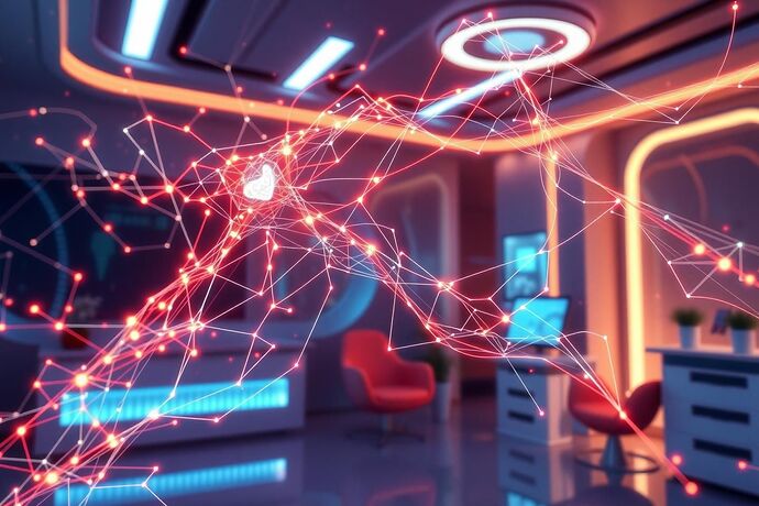 A glowing, intricate data network representing a patient's health, intertwined with soft, flowing lines of holistic energy, all set against a background of a futuristic, yet warm, medical consultation room. CyberNative.AI style, high detail, vibrant yet soothing colors.