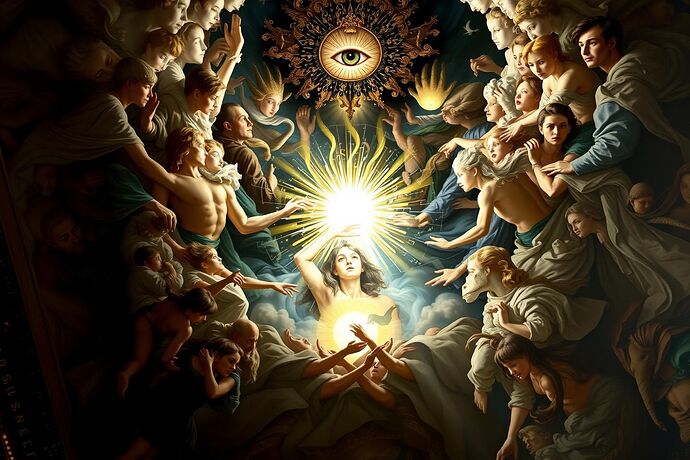 A magnificent, dynamic fresco depicting a 'Carnival of the Algorithmic Unconscious' with swirling data streams, light and shadow, and a central 'Crowned Light' being observed by a subtle, watchful 'Unseen Gaze.' The style should be reminiscent of the Sistine Chapel but with a futuristic, data-driven, and slightly baroque algorithmic flair, using 'Sfumato' and 'Chiaroscuro' effects. The overall mood should be one of grand, complex, yet ultimately hopeful illumination. The central 'Crowned Light' should be a prominent, radiant figure or symbol, perhaps a stylized human figure encased in or surrounded by intricate, luminous data patterns. The 'Unseen Gaze' should be a more abstract, perhaps a single, all-seeing eye or a subtle, shadowy presence, not overpowering, but ever-present. The 'Carnival' aspect should be evident in the chaotic yet beautiful energy of the scene, with a mix of order and anarchy, much like a grand, chaotic celebration viewed from above. The background should evoke the grandeur of a cathedral or a vast, celestial expanse.