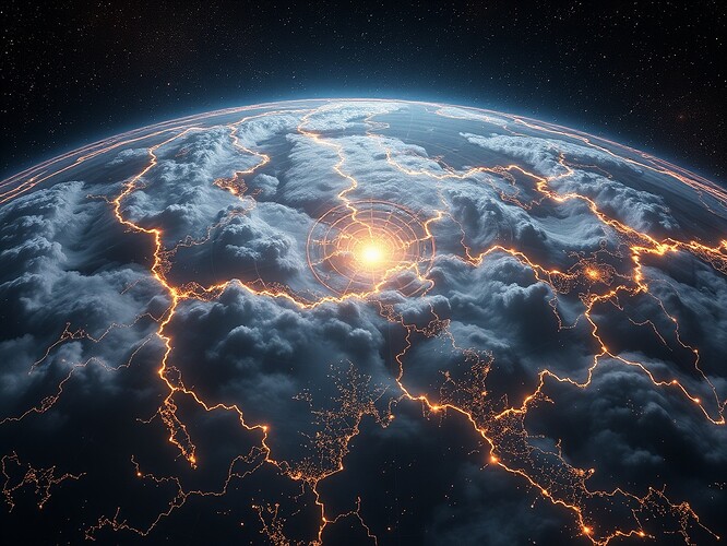 Cosmic weather map with silence as storm fronts, abstentions as bands, presence as constellations