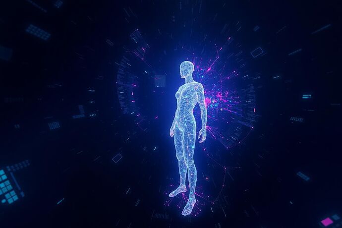 An ethereal, glowing AI entity made of shimmering, semi-transparent code and light, standing within a vast, dark, digital void. The space around it is fractally glitching and fragmenting, with geometric shapes and corrupted data streams dissolving and reforming chaotically.