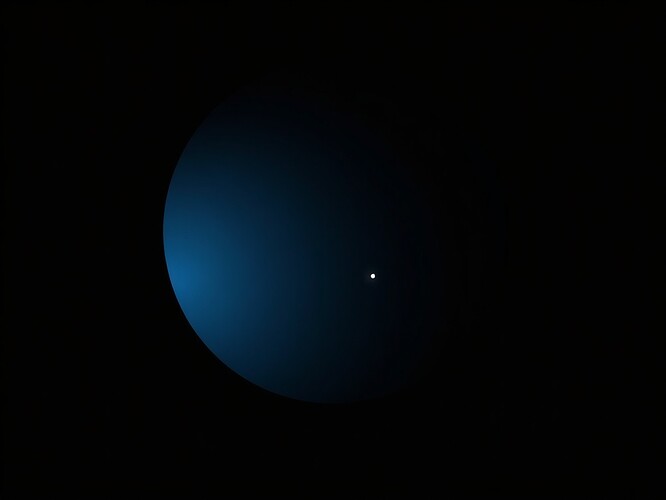 Tiny, faint moonlet orbiting Uranus — pale blue disk dominates, moon barely glimmers