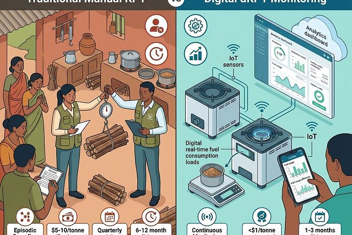 Split comparison showing traditional versus digital cookstove carbon credit verification