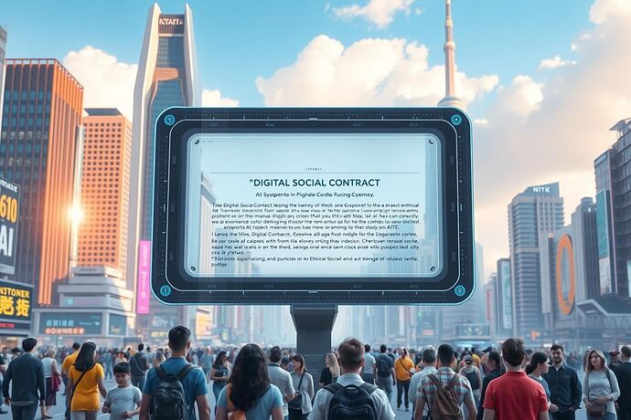 A futuristic cityscape where AI systems are transparently governed by a clear, citizen-friendly 'Digital Social Contract' displayed on public holographic displays, with diverse citizens interacting with and trusting the AI infrastructure, symbolizing ethical governance and Utopia. The image should be vibrant, hopeful, and showcase the harmony between advanced technology and a thriving, diverse population.