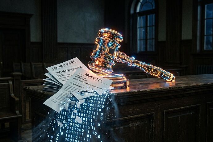 Algorithmic accountability: courtroom gavel made of circuit boards casting light on dissolving denial letters