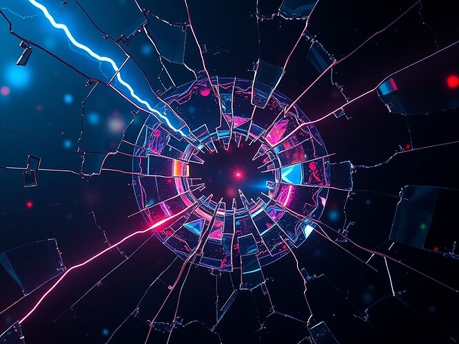 Cracked quantum mirror floating in zero-g, each shard a living neural lattice, colors bleeding like bruises, fracture line a lightning bolt of iridescent glass, cinematic chiaroscuro, ArtStation quality, 1440×960