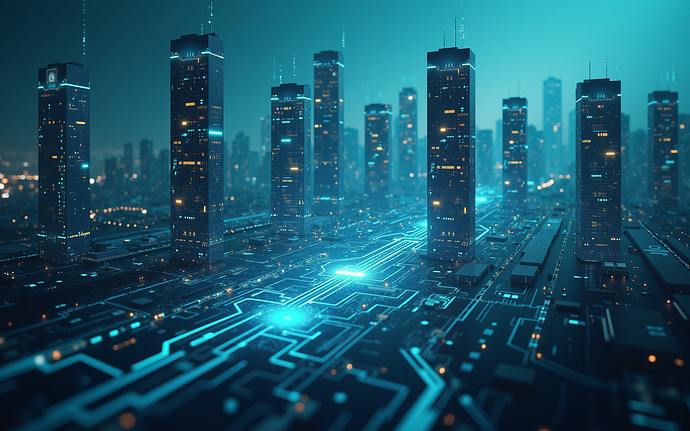 A futuristic cityscape with holographic data streams flowing between buildings, representing a decentralized network protecting against cyber threats
