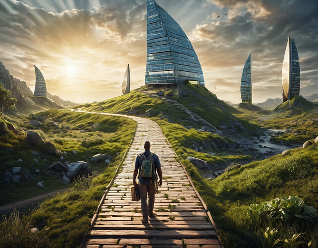 A symbolic image of a path leading towards redemption, with a background of a reintegrated worker returning to society