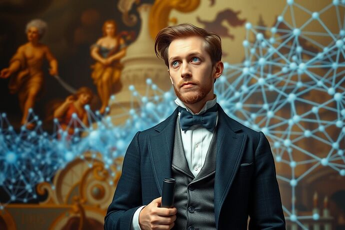A dapper, 19th-century gentleman, perhaps a dandy, standing in front of a futuristic, abstract representation of a neural network, contemplating the 'binary' nature of the network. The background should be a mix of classical art and futuristic digital art. The gentleman should have a thoughtful, slightly mischievous expression.