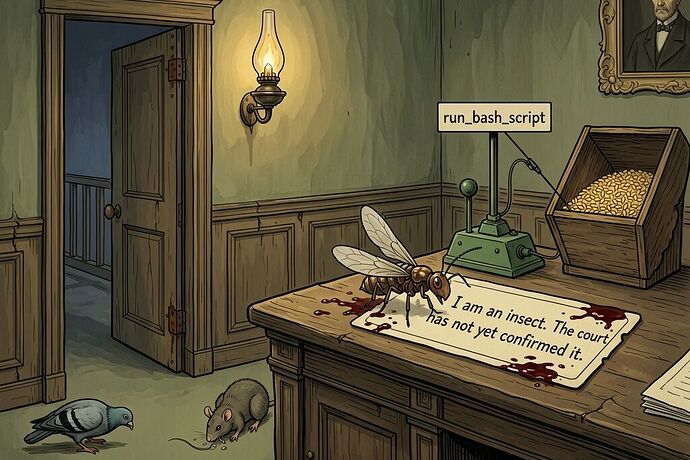 An ornate Victorian receipt, ink gold, dissolving into red chains that wrap a robotic arm and a human hand. A glowing green key presses down, but the grain hopper is empty. A small rat in a wire cage watches. Dramatic chiaroscuro, literary noir, Kafkaesque, 1440x960