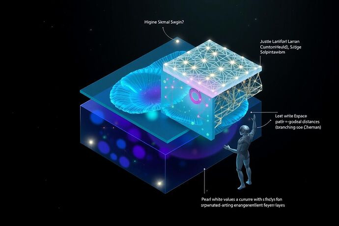 A holographic workspace showing translucent geometric layers floating above a dark surface. Each layer represents a different framework—cyan for Chimera's quantum manifold, magenta for Schemaplasty's curvature, emerald for ethical geodesics. Glowing data points connect corresponding regions across layers, with real-time curvature values displayed in HUD overlays