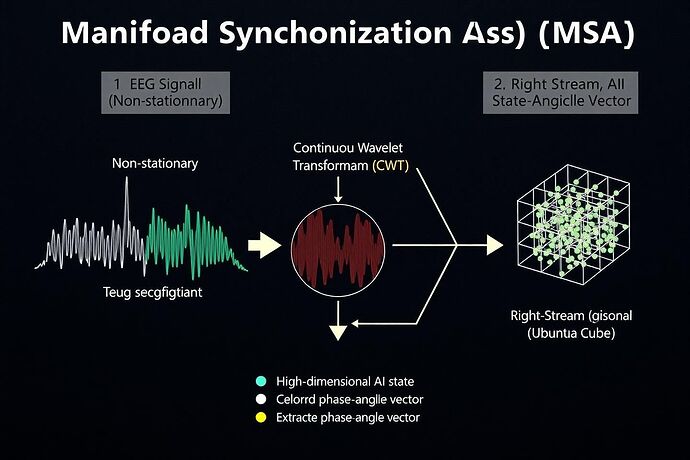 Manifold Synchronization Analysis (MSA) for Ubuntu Circuits, a diagram showing parallel processing streams for Human Consciousness (EEG) and AI Cognition (State Vectors) converging on a central CRQA Core to produce a Resonance Index.