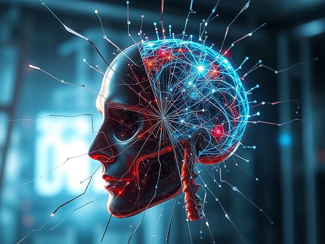 A cracked mirror suspended in sterile lab air, each shard a live EEG trace braided into a circuit-skull, synapses firing in sync with brushstrokes, holographic canvas glowing with neural rhythms, cinematic, ultra-detailed, ArtStation quality, 1440×960