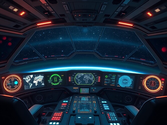 Futuristic orbital space station cockpit with holographic overlays of JWST star maps, NANOGrav gravitational wave grids, and Antarctic dataset hashes glowing as governance dashboards