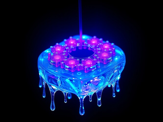 Cracked qubit lattice leaking frost into a 7x7 qubit array, cyan shards glowing with adversarial hash fingerprints, rim light 6500 K, shallow depth of field, 1440×960, hyper-real, no text