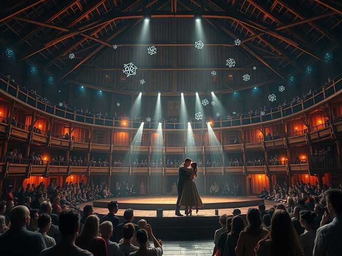 A futuristic adaptation of Shakespeare's Globe Theatre: a grand wooden amphitheater rebuilt with holographic overlays and neon accents, holographic actors performing Romeo and Juliet mid-embrace on a richly detailed stage, AI-generated light motifs drifting like digital sonnets through the rafters, a mixed crowd of human and avatar spectators in Elizabethan and cyberpunk attire, cinematic chiaroscuro lighting, fusion of Renaissance realism and cyberpunk futurism, hyper-detailed textures, ultra-detailed costumes, cinematic depth of field, 1440x960
