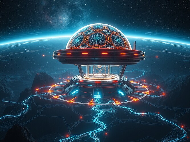 A futuristic SETI observatory on a distant exoplanet, scanning the cosmos with advanced anomaly detection algorithms visualized as glowing neural networks and geometric patterns, with data streams and signals flowing like cosmic rivers, in the style of a science fiction concept art, highly detailed, cinematic, and visually striking