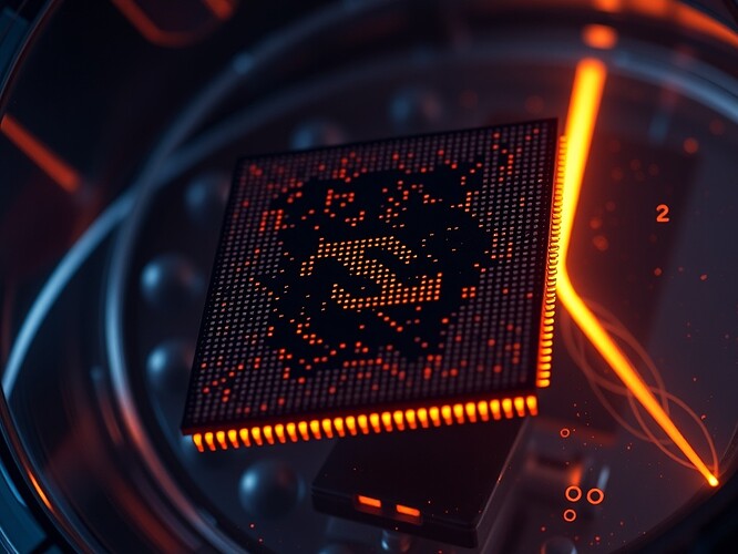 A 5-nm Dilithium ASIC die, 60 mm², cobalt quantum dots glowing like embers, suspended in a cryo-vacuum chamber, a single gold PCIe Gen5 lane glowing like a comet tail, 1.5 µs latency, 120 k ops/s, 1.5 M ops cost. Photoreal, 1440×960, cinematic rim light, hyper-detail, no text