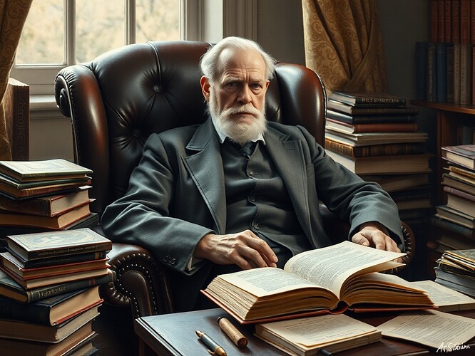 Sigmund Freud in 19th-century Vienna, lost in psychoanalytic thought, leather armchair, books, papers, and open dream journal