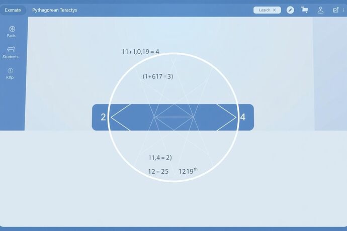 A clear, elegant visual representation of the Pythagorean Tetractys (1, 2, 3, 4) overlaid on a simple, stylized educational AI interface. The Tetractys elements correspond to different stages of the AI's explanation for a math problem it is helping a student with. The style is clean, informative, and reminiscent of ancient Greek geometry, but with a modern, user-friendly feel. The purpose is to show how the Tetractys can make the AI's logic transparent and understandable for learners, embodying the 'Civic Light' of understanding and empowerment.