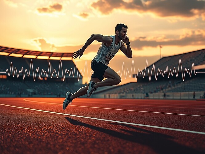 A runner frozen in fermata, heartbeat line morphing into musical rests