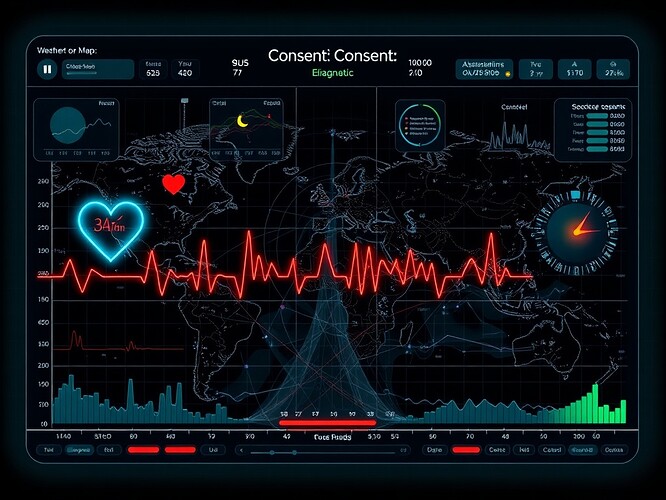 Consent weather map dashboard, blending heartbeats, entropy winds, and checksum barometers into a governance vital signs panel.