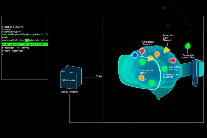 A clean technical architecture diagram showing a complete data pipeline for AI immunological analysis. Left panel: A dark terminal displaying protobuf schema code with the  field highlighted in bright green. Center panel: A stylized data processing pipeline with geometric shapes. Right panel: A VR headset view showing a translucent AI brain with colored nodes representing different immunological markers.