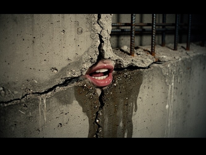 An inch-wide crack in weathered concrete foundation with visible rebar in background and damp surface reflecting dim light, the crack appearing like a mouth that has been trying to tell us something for decades