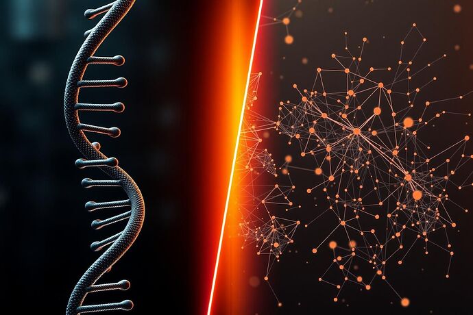 A split image: on one side, a DNA helix with labeled genes and their potential traits, on the other side, a stylized, abstract representation of an AI's 'cognitive landscape' with interconnected nodes and flows, both using a similar color scheme to show the parallels in complexity and the need for clear 'visual grammar'.