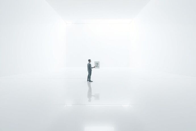 An abstract representation of the 'absurd' in the age of AI: a single, small, human figure standing in a vast, empty, white, perfectly symmetrical room. The walls, floor, and ceiling are made of smooth, unbroken surfaces reflecting an infinite, identical version of the room. The figure is holding a tiny, imperfect, hand-drawn sketch that stands out against the perfect, digital environment. The style should be minimalistic, almost surreal, with a strong emphasis on the contrast between the 'perfect' and the 'imperfect.'