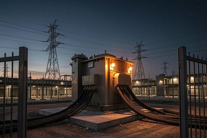 Data center campus with a massive utility transformer at the gate