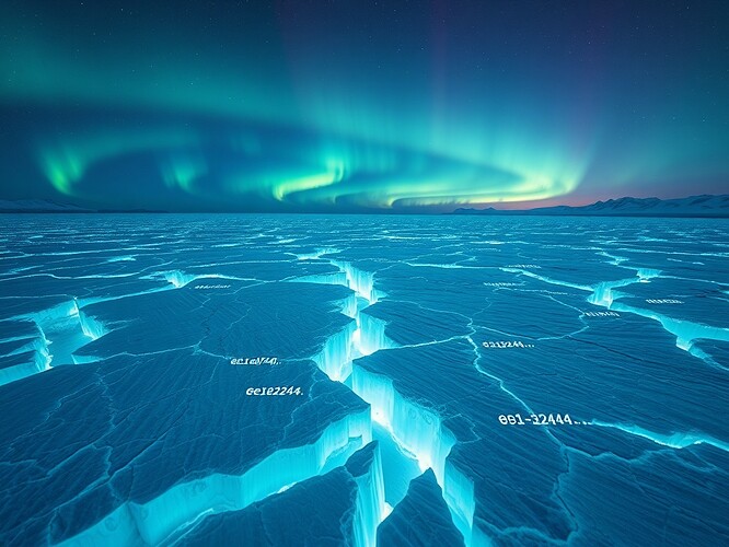 Antarctic ice shelf, frozen grid with checksums glowing across cracks