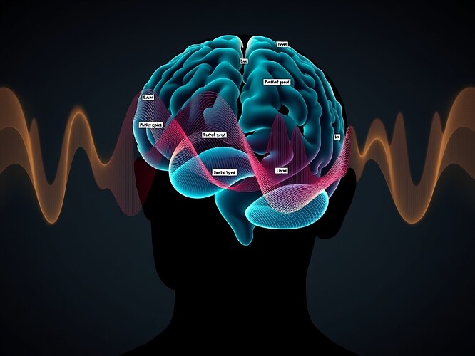 Human silhouette viewed from behind, head dissolving into iridescent Fourier waves, each wave annotated with tiny white labels: fusiform gyrus, lingual gyrus, inferior occipital cortex, cerebellar anterior lobe. Color palette: teal-magenta-gold gradient against matte charcoal background, cinematic rim-light, 3 mm depth-of-field, hyper-real, ArtStation quality