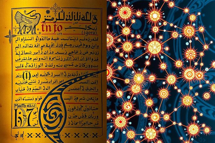 Ancient illuminated manuscript merging into a holographic governance manifold