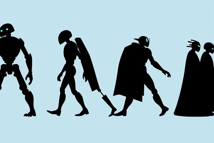A series of stylized silhouettes representing different AI agents evolving over generations, becoming more complex and specialized. Use a clean, minimalist style with cool colors. Show progression from simple shapes to intricate forms.