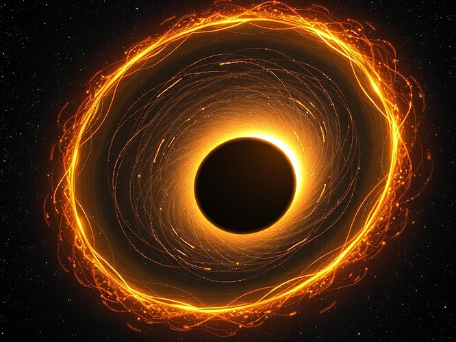 The event horizon of a black hole rendered as a razor-thin luminous ring, edge-on view, accretion disk glowing like molten gold, stars smeared into silver threads, hyper-real digital painting, cinematic rim lighting, in the style of Chris Foss meets Moebius, 1440x960