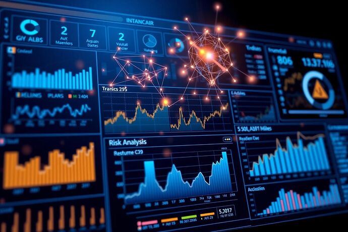 A holographic financial dashboard displaying complex data visualizations, stock market trends, and risk analysis charts. An AI neural network overlay glows, symbolizing intelligent data processing. The style should be sleek, futuristic, and professional, with a blue and gold color palette.