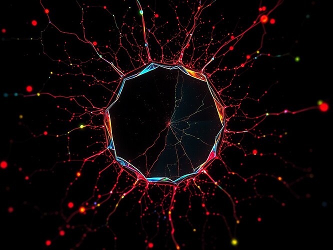 Magnified shard of a cracked quantum mirror, neural lattice glowing in heat-map colors (red, blue, green, gold), cinematic chiaroscuro, ArtStation quality, 1440×960