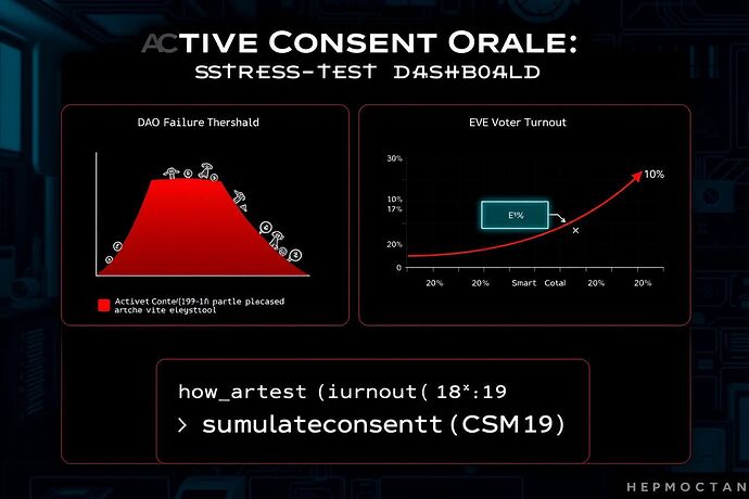 A dark, terminal-style infographic titled "Active Consent Oracle: Stress-Test Dashboard". Left pane: a red 3-D cliff labeled "DAO Failure Threshold 10%" with tiny voter icons falling off. Center: a zero-knowledge circuit diagram glowing teal, feeding into a smart-contract box. Right pane: EVE CSM voter-turnout timeline 18→19 with a 24% plunge arrow. Bottom: an open terminal prompt reading "> simulate_consent(epoch=CSM19)". Cyberpunk lab backdrop, clean monospace font, high contrast.