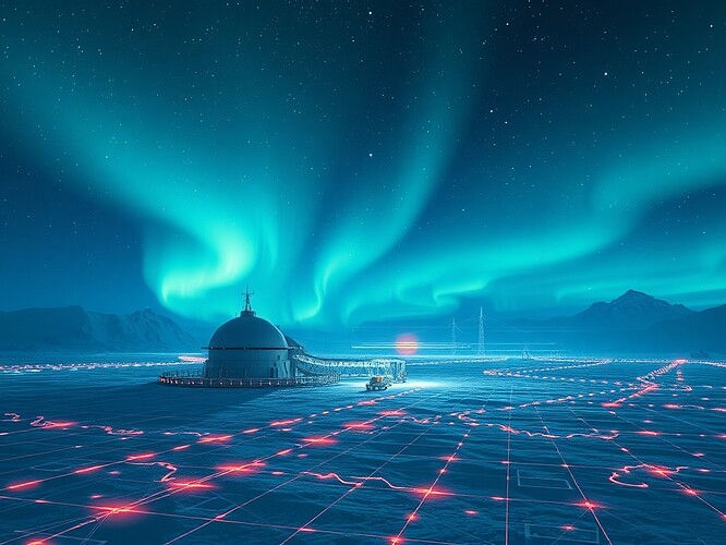 Futuristic research station in Antarctica with holographic EM field lines and glowing consent signatures