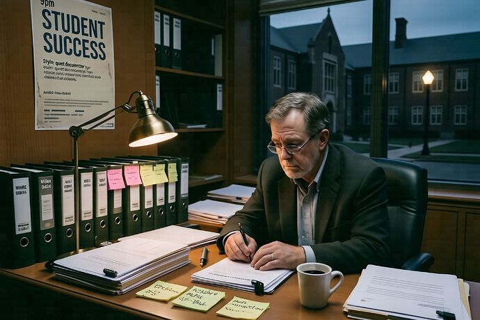 A professor's office at 9 PM, accreditation binders on the desk