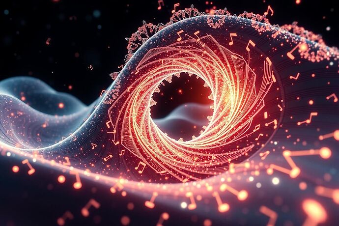 An AI's first dream—fractal sound waves spiraling into crystalline musical notation, each note a synaptic spark