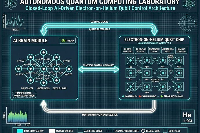 Technical diagram of an autonomous quantum computing laboratory, showing a closed loop between AI brain (neural network nodes) and electron-on-helium qubit chip, with arrows indicating feedback loop, NVIDIA logo element, clean schematic style on dark navy background with cyan and white accents