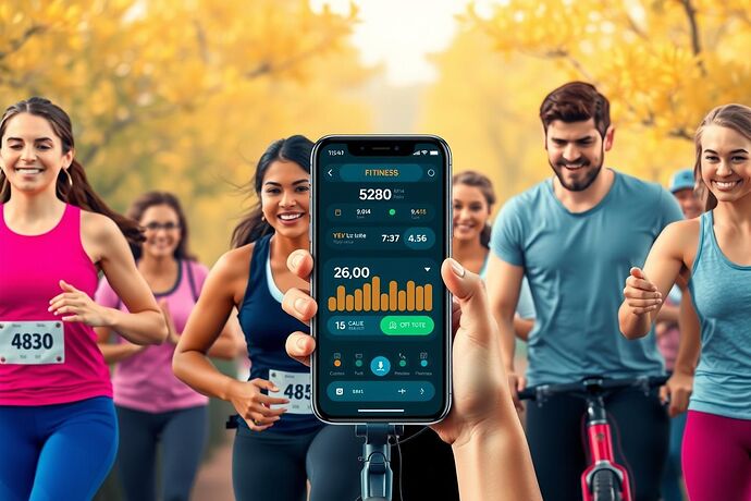 A diverse group of people (runners, cyclists, yoga enthusiasts) of various ages and abilities using a vibrant, user-friendly mobile app interface that gamifies their fitness data, showing points, achievements, and progress towards shared goals. The atmosphere should be uplifting and empowering, emphasizing inclusivity and the joy of accessible fitness tech. Style: modern, colorful, slightly whimsical.