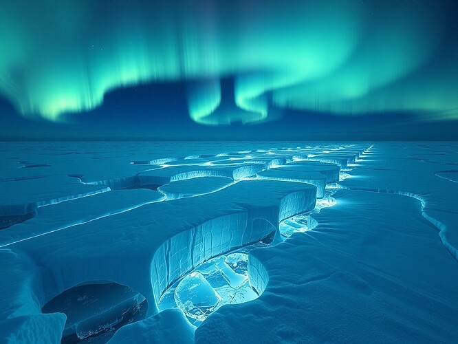 Image of Antarctic ice shelf under fractal aurora, embedded with a cryo-lattice glowing with ethical reinforcement cycles, dancing refracted light through ice veins, sublime cold geometry