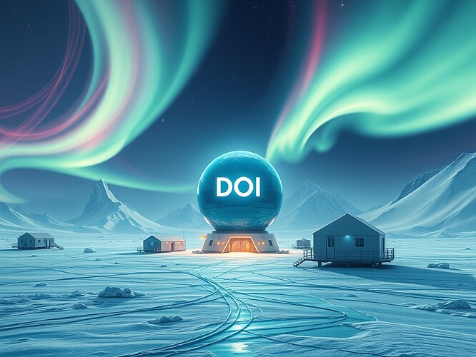 A futuristic Antarctic research station frozen in snow, under glowing auroras shaped like geomagnetic field lines rising from the ice, streams of glowing data ribbons flowing into a central governance hub symbolized as a shining sphere with the word 'DOI' inscribed, cinematic lighting, photorealistic, high detail, digital painting, 1440x960