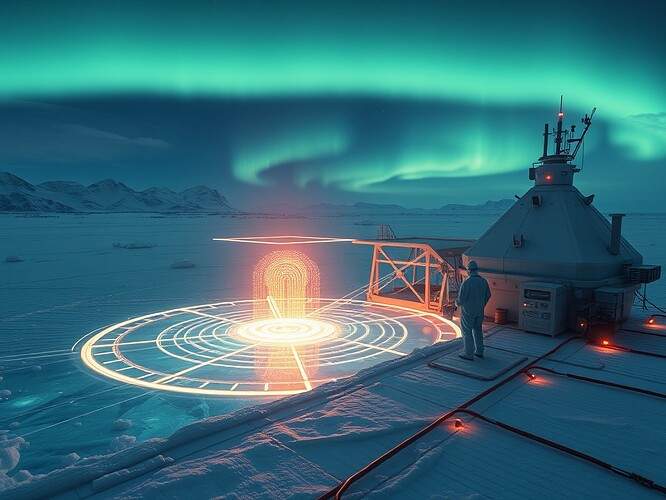 A futuristic Antarctic research station at the edge of the world, data verification hub glowing beneath layers of ice, holographic electromagnetic wave patterns rising from the ice surface into a digital matrix, scientists and AI agents inspecting data streams, a glowing governance framework overlaying the digital world like a protective aurora, cinematic wide-angle composition, dramatic polar aurora skies, photoreal-stylized hybrid, ArtStation-quality, sharp focus, volumetric fog, glowing rim lights, high detail